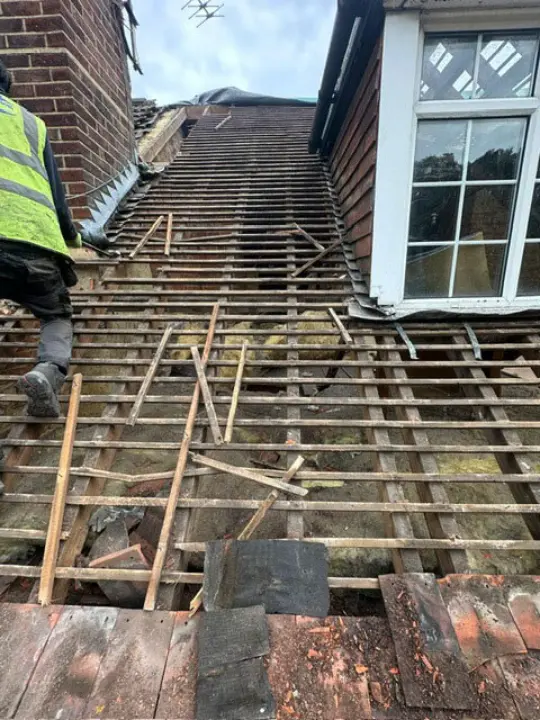 roof stripped back to beams no felt